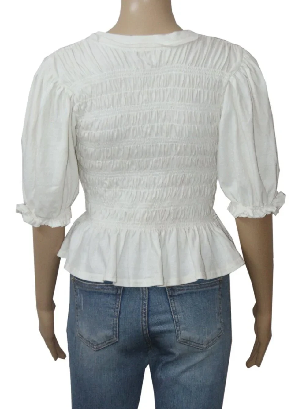 Free People Maxey Knit Top Smocked Cropped Fitted Puff Sleeve Ivory S
